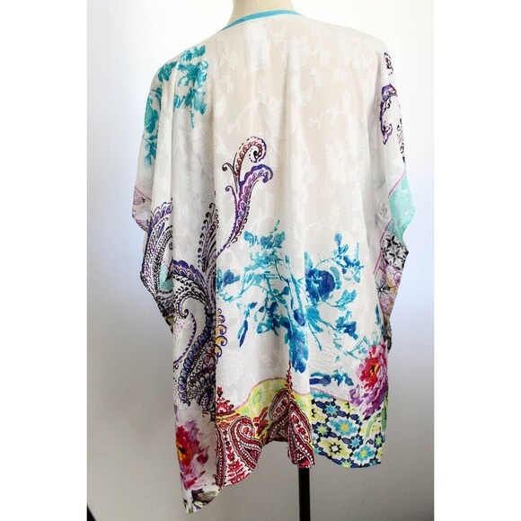 Chico's S/M blue floral multi color lightweight kaftan kimono coastal grandma - Picture 2 of 7